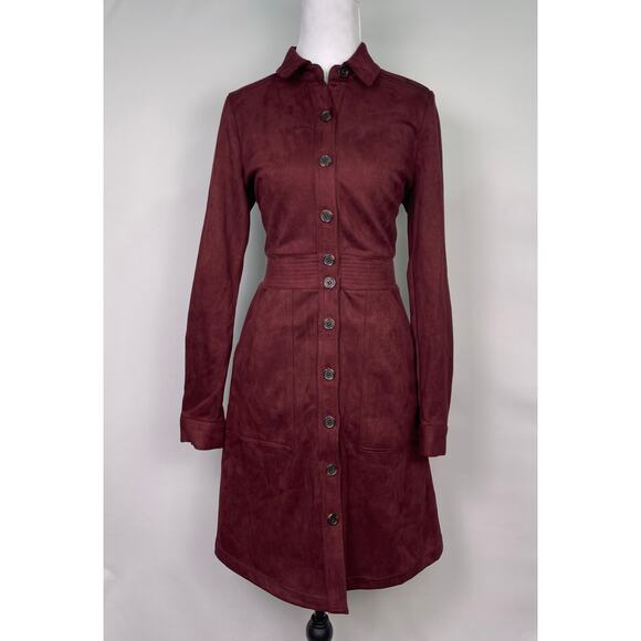 NWT A Loves A Burgundy Faux Suede Button Front Long Sleeve Dress Size M - Picture 1 of 11